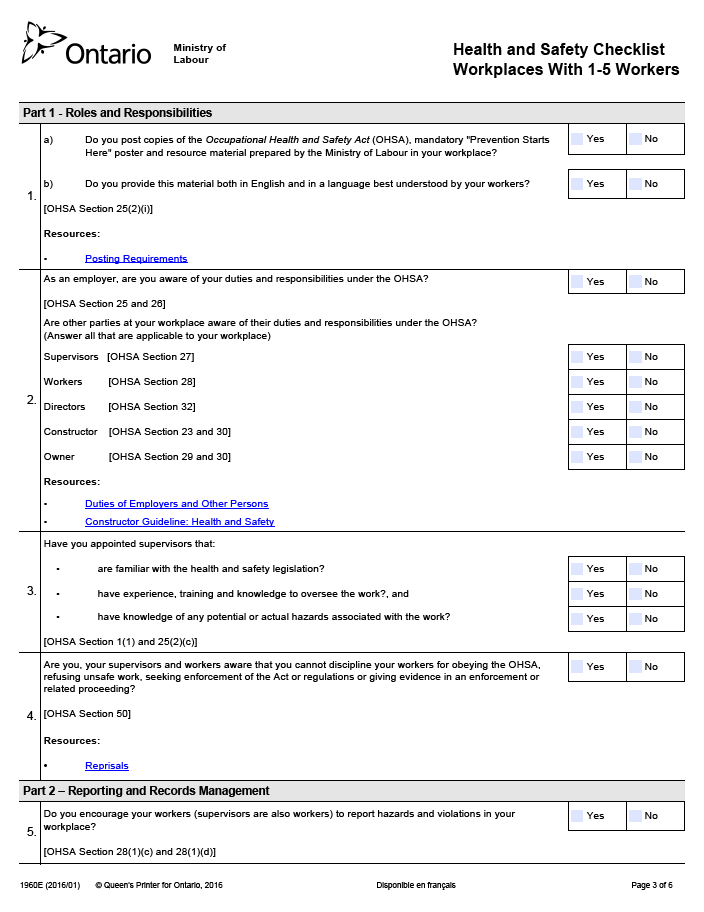 Health and Safety checklist