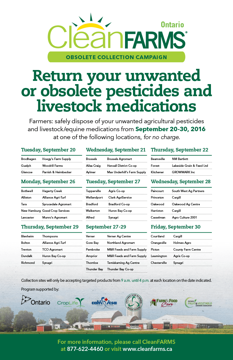 CleanFarms drop off days sept 2016